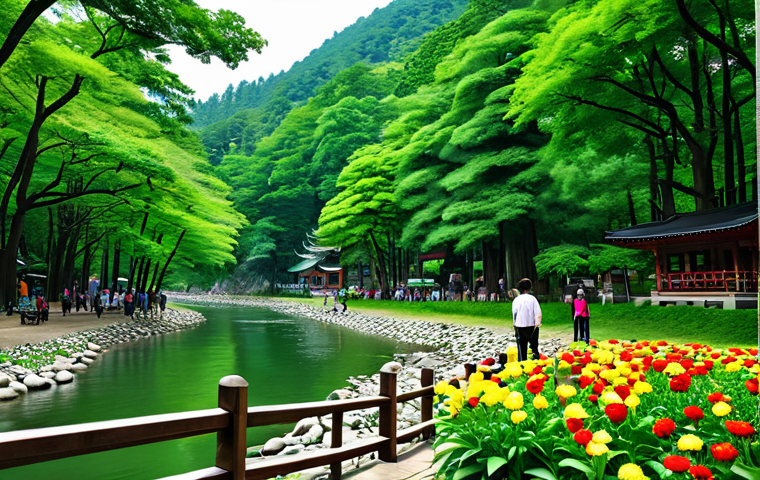 "Lush green forest on Nami Island, tranquil river flowing, diverse trees and colorful flowers, fully clothed tourists enjoying the scenery, safe for work, appropriate content, perfect anatomy, natural pose, professional photography, high quality."