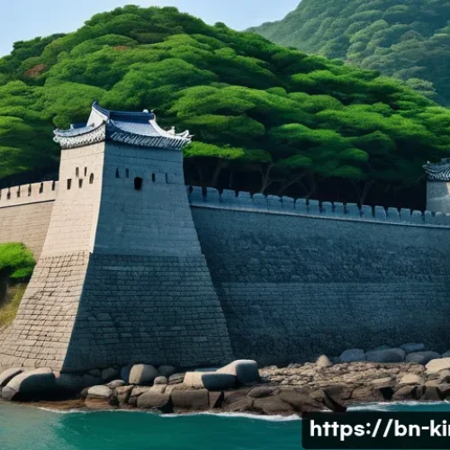 인천 강화도 역사적 의미 - A detailed and atmospheric image of a 14th-century ancient military fortress on Ganghwa Island, show...