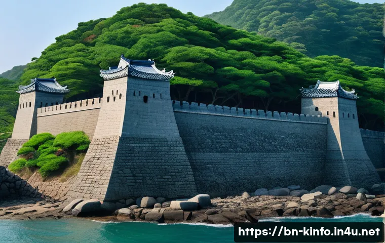 인천 강화도 역사적 의미 - A detailed and atmospheric image of a 14th-century ancient military fortress on Ganghwa Island, show...