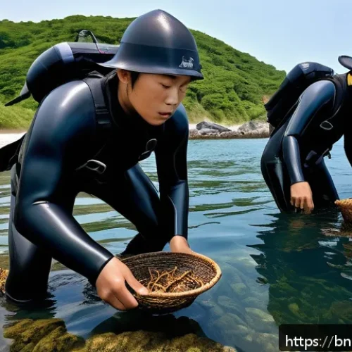 제주도 해녀 전통문화 - An underwater scene depicting skilled haenyeo divers wearing traditional black rubber wetsuits and c...
