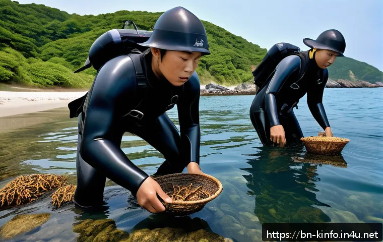 제주도 해녀 전통문화 - An underwater scene depicting skilled haenyeo divers wearing traditional black rubber wetsuits and c...