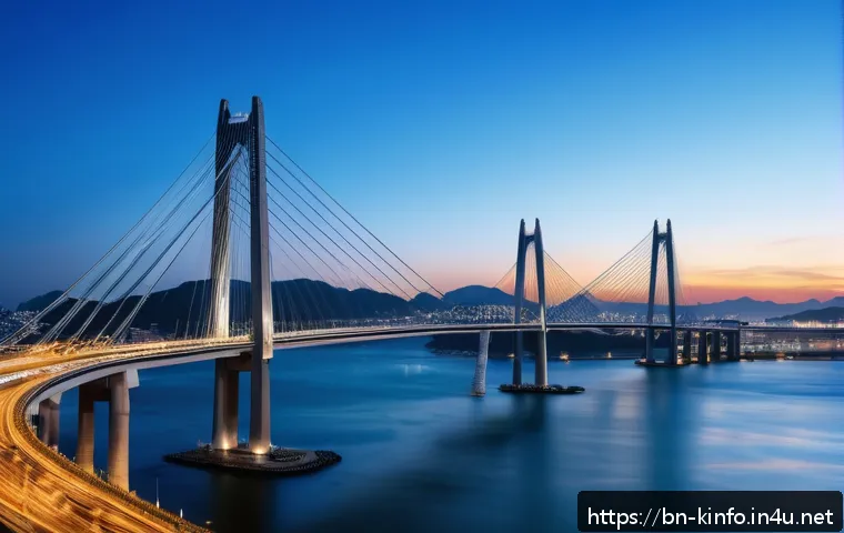 부산 광안대교 건설 히스토리 - A panoramic view of the Gwangan Bridge at dusk in Busan, South Korea, showcasing its modern architec...