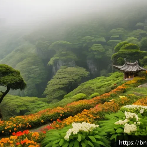 제주도 한라산 전설 - A serene, mist-covered hilltop scene of Hallasan Mountain during early morning, featuring lush green...