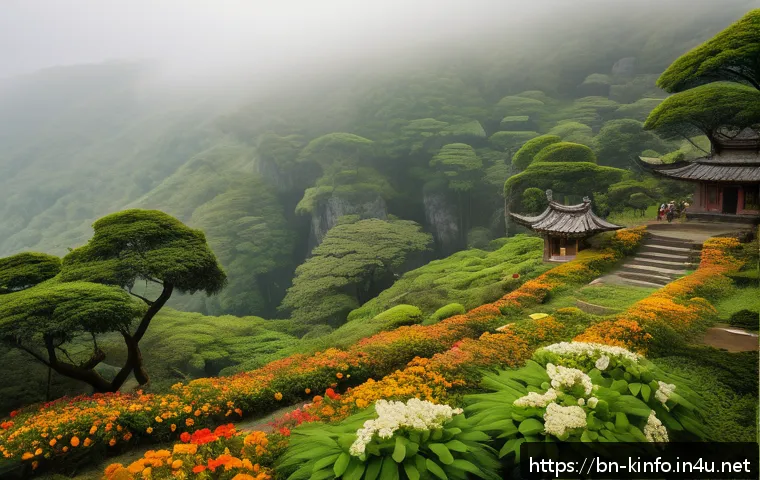 제주도 한라산 전설 - A serene, mist-covered hilltop scene of Hallasan Mountain during early morning, featuring lush green...