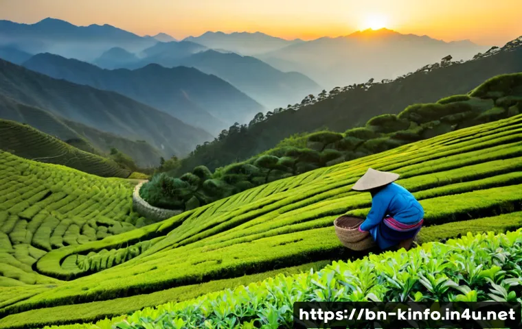 전라도 보성 녹차 역사 - Photorealistic sunrise panorama of Boseong green tea fields in Jeollanam-do, South Korea, long sweep...